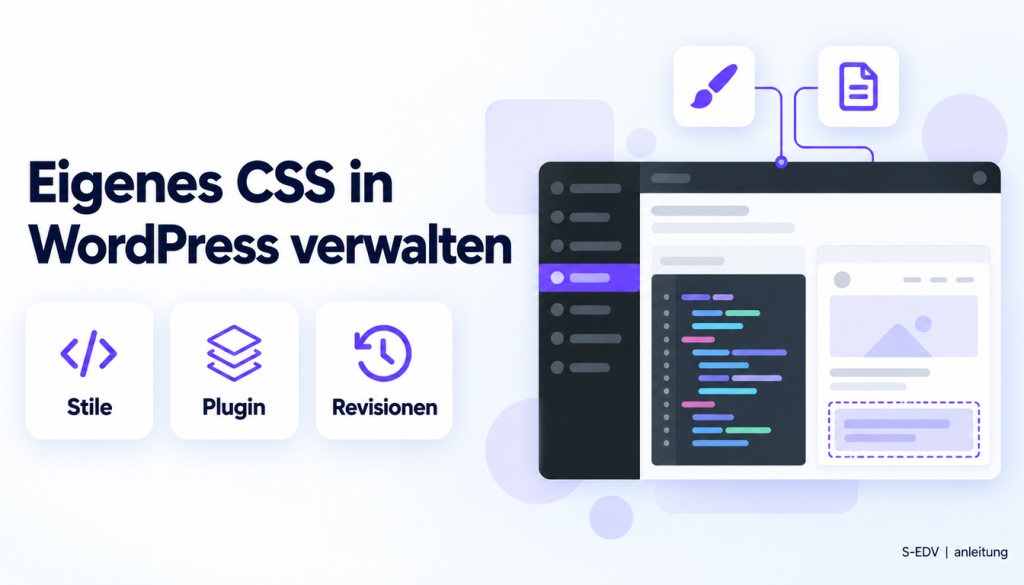 Grafik mit der Überschrift Eigenes CSS in WordPress verwalten, drei Karten Stile, Plugin, Revisionen und einem stilisierten Adminbereich mit Code-Editor