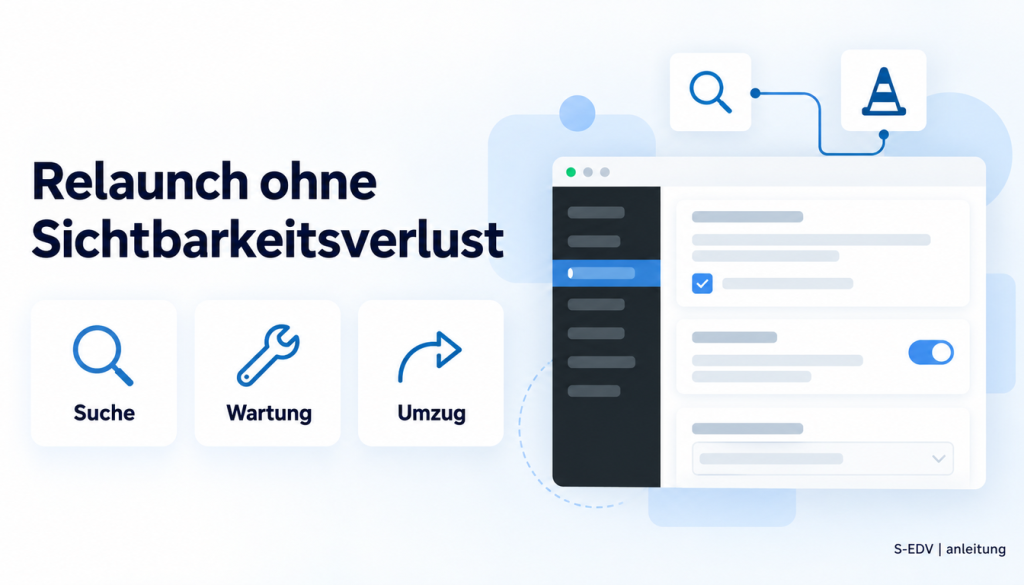 Grafik mit der Überschrift Relaunch ohne Sichtbarkeitsverlust und einem stilisierten WordPress-Adminbereich mit Einstellungsschalter und Suchsymbol
