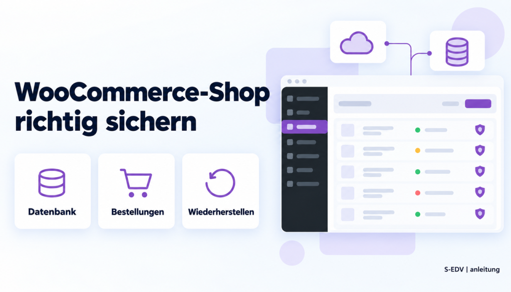 Grafik mit der Überschrift WooCommerce-Shop richtig sichern und einem stilisierten WordPress-Adminbereich mit Bestellliste und Sicherungssymbol