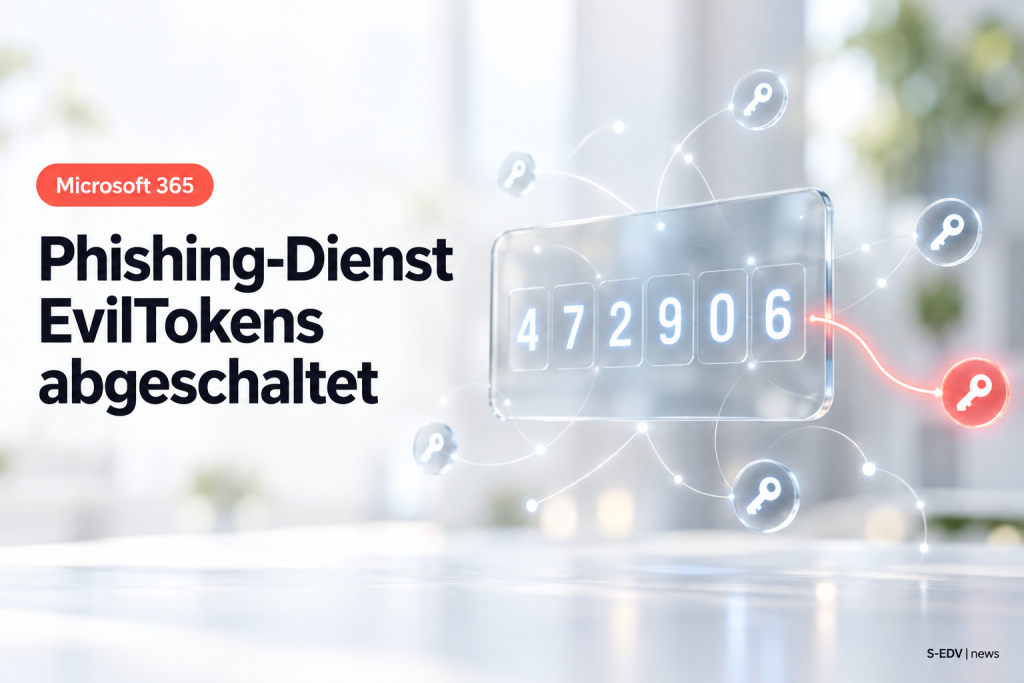 Helles Editorial-Hero-Bild zur Abschaltung des Phishing-Dienstes EvilTokens mit der Headline Phishing-Dienst EvilTokens abgeschaltet und einer abstrakten Darstellung eines missbrauchten Anmelde-Gerätecodes