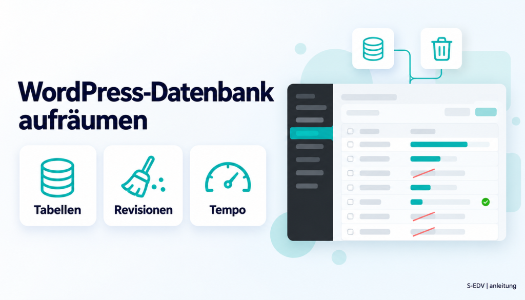 Grafik mit der Überschrift WordPress-Datenbank aufräumen und einem stilisierten WordPress-Adminbereich mit Datenbanktabellen