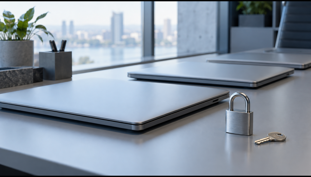 Mehrere zugeklappte Laptops auf einem Bürotisch mit Vorhängeschloss und Schlüssel, Symbolbild für geschützte lokale Administratorpasswörter
