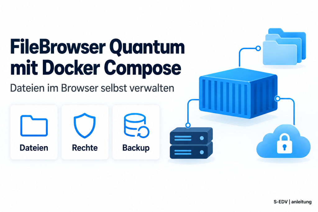 Illustration mit der Überschrift FileBrowser Quantum mit Docker Compose, drei Karten für Dateien, Rechte und Backup sowie einem abstrakten Architekturdiagramm