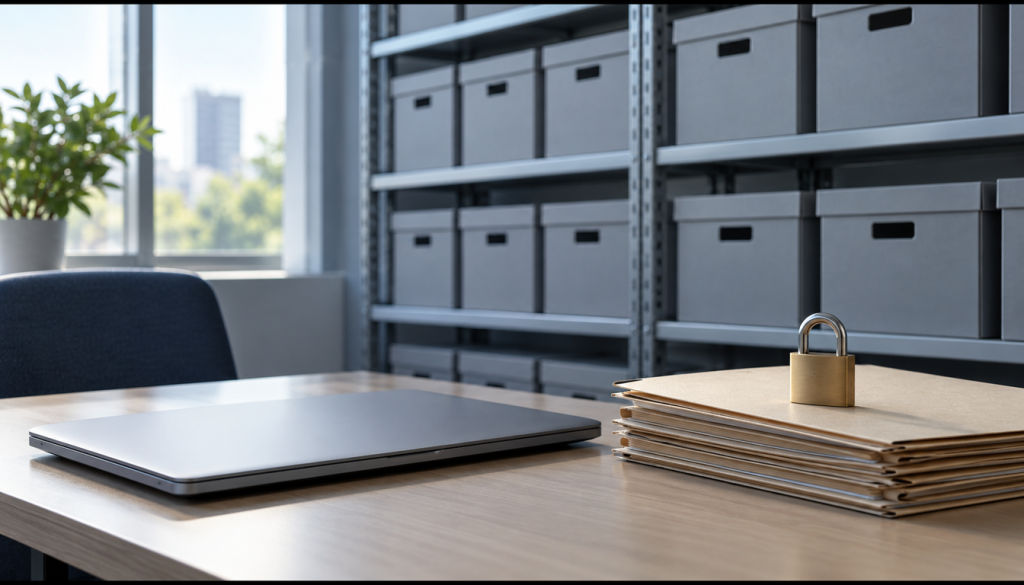 Büroarchiv mit grauen Archivboxen im Regal, davor ein zugeklapptes Notebook und ein Vorhängeschloss auf Aktenmappen als Sinnbild für sichere Aufbewahrung