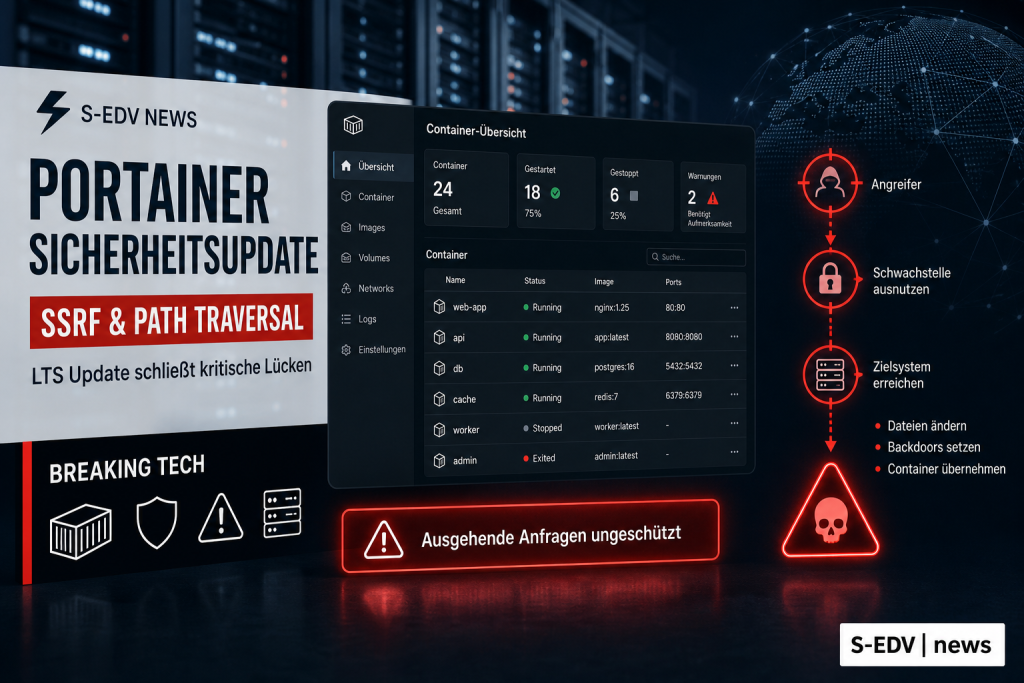 Illustration zu Portainer 2.39.6 LTS Sicherheitsupdate: Dashboard-Mockup mit Container-Uebersicht, Warnhinweis zu ungeschuetzten ausgehenden Anfragen und Angriffskette von SSRF ueber Schwachstellenausnutzung bis Kompromittierung
