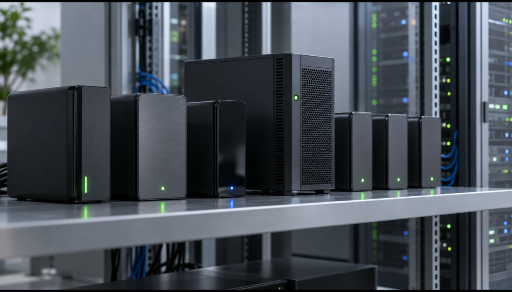 Externe Backup-Festplattengehäuse und ein Tower-Server auf einem Regal im Serverraum