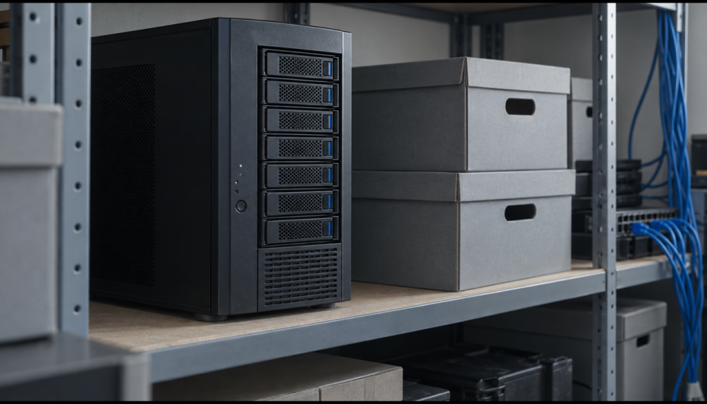 Tower-Server mit mehreren Festplatteneinschüben in einem Regal neben Archivboxen und Netzwerkkabeln, Symbolbild für einen Dateiserver