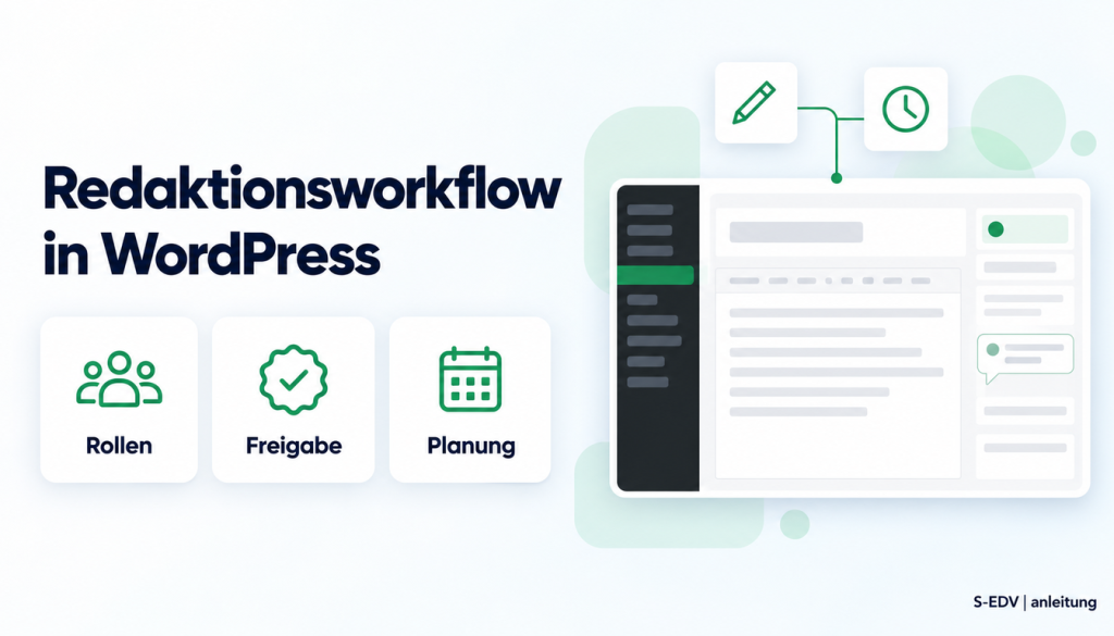 Grafik mit der Überschrift Redaktionsworkflow in WordPress, drei Karten Rollen, Freigabe, Planung und einem stilisierten Editor mit Anmerkung am Rand
