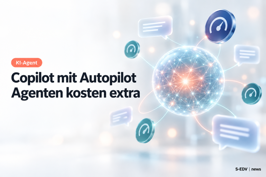 Abstrakte leuchtende Agenten-Sphäre mit Credit-Symbolen und der Überschrift Copilot mit Autopilot, Agenten kosten extra