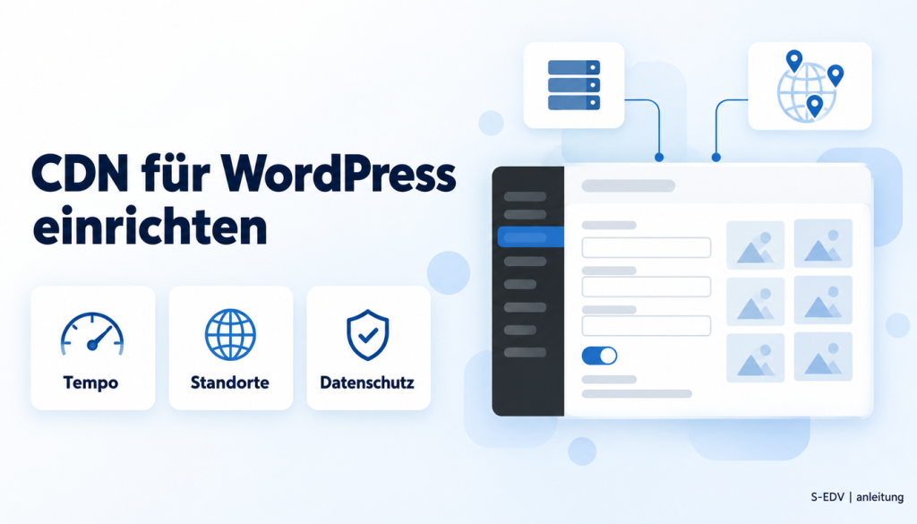 Grafik mit der Überschrift CDN für WordPress einrichten, drei Karten Tempo, Standorte, Datenschutz und einem stilisierten WordPress-Adminbereich