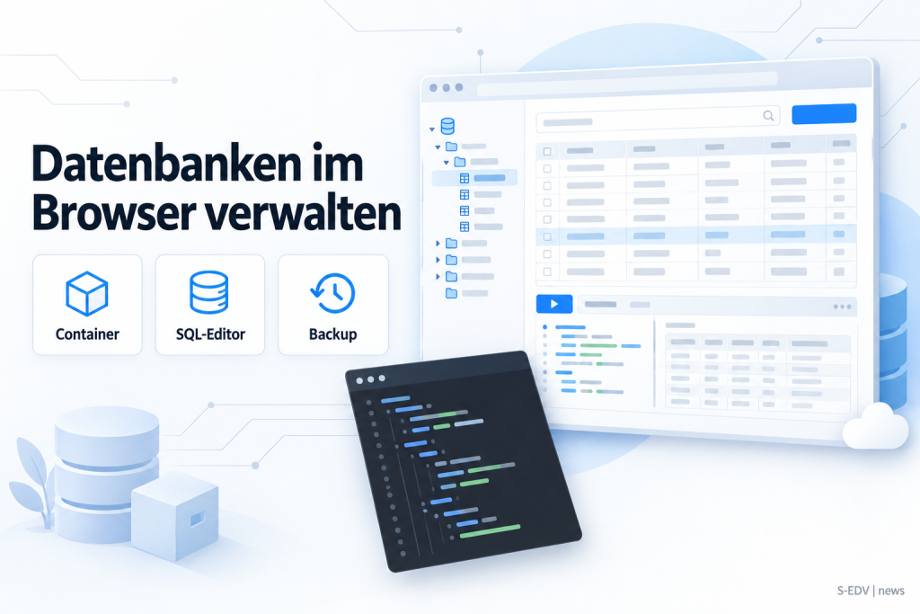 Illustration zur Verwaltung von Datenbanken im Browser mit einem containerisierten Datenbank-Manager und einem Konfigurationsbeispiel im Vordergrund