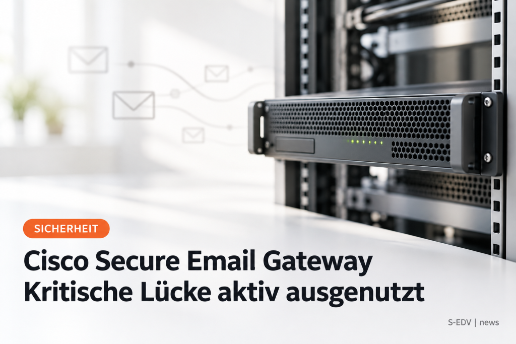 Serverschrank mit E-Mail-Security-Appliance und Schlagzeile zur kritischen Lücke im Cisco Secure Email Gateway