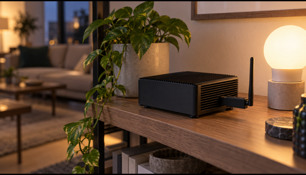 Schwarzer lüfterloser Mini-PC mit USB-Funkstick auf einem Holzregal im Wohnzimmer, daneben Pflanze und leuchtende Kugellampe
