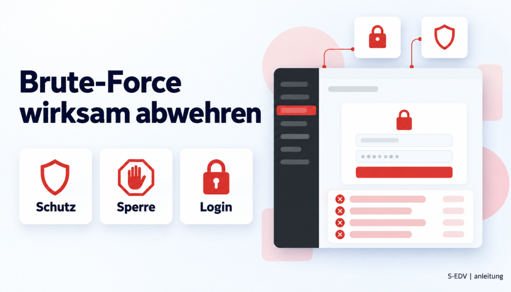 Grafik mit der Überschrift Brute-Force wirksam abwehren, drei Karten Schutz, Sperre, Login und einem stilisierten WordPress-Adminbereich