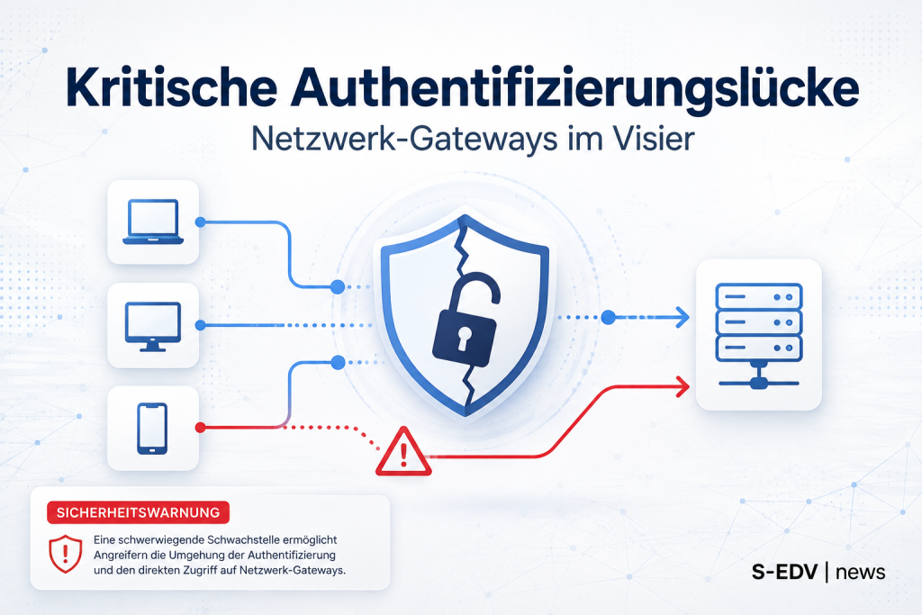 Symbolische Grafik zur kritischen Authentifizierungslücke CVE-2026-19490 in Citrix NetScaler ADC und Gateway: aufgebrochenes Schild-Symbol zwischen Client-Geräten und Server zeigt den Umgehungspfad der Authentifizierung.