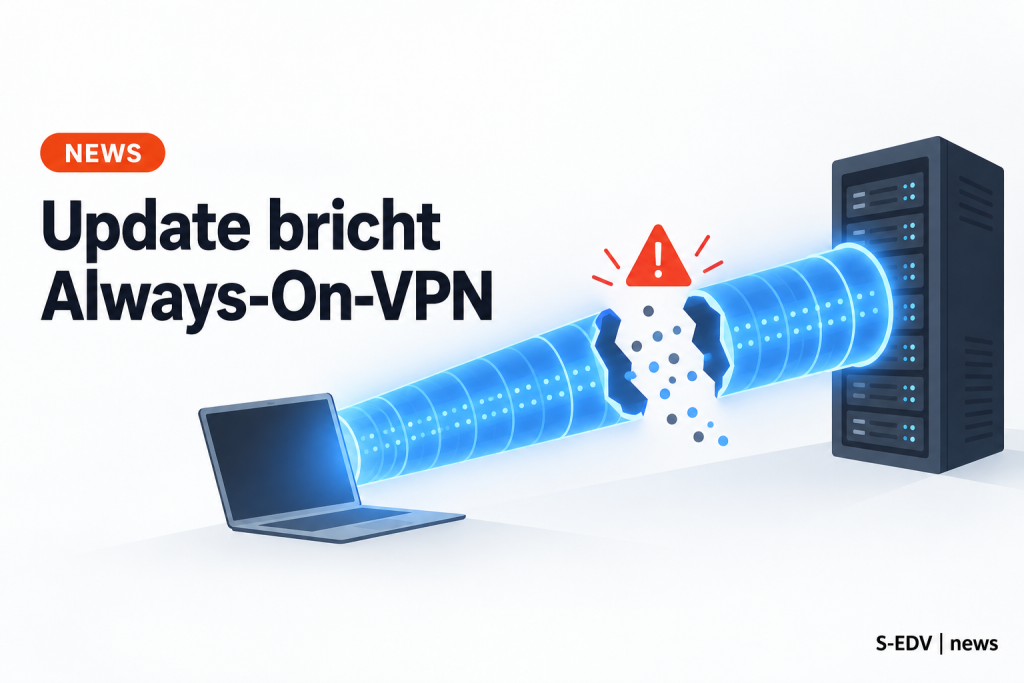 Abstrakte Darstellung eines unterbrochenen VPN-Tunnels zwischen einem Endgerät und einem Serverschrank mit Warnsymbol an der Bruchstelle