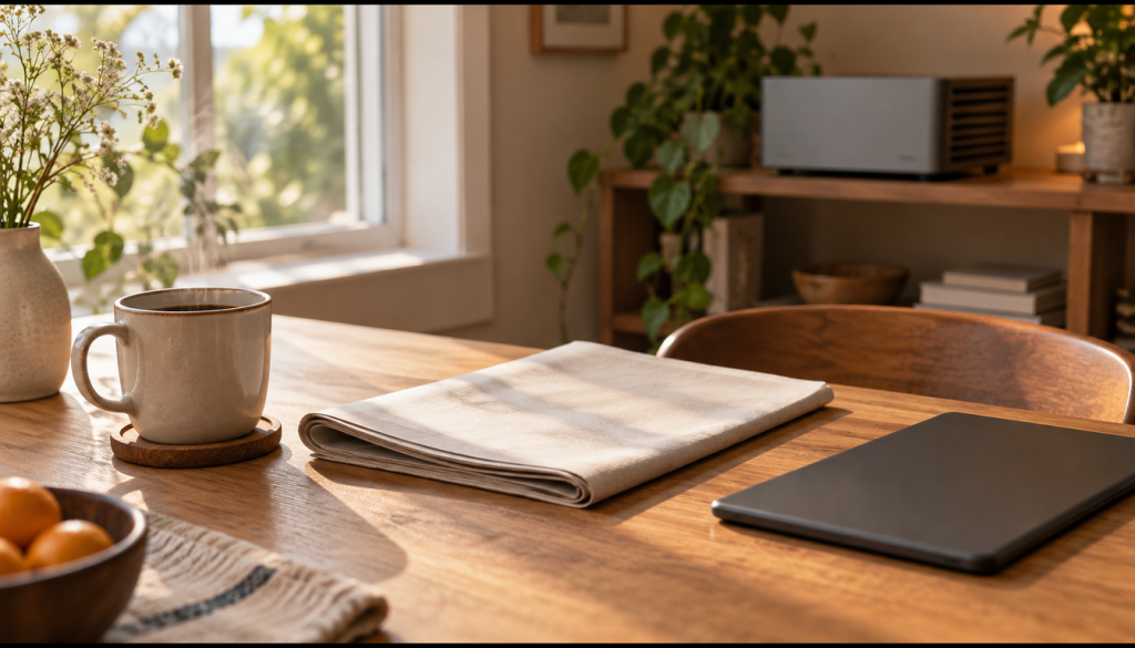 Frühstückstisch mit Kaffeetasse, gefalteter Zeitung und Tablet, im Hintergrund ein kleiner Heimserver im Regal, Symbolbild für einen eigenen RSS-Reader