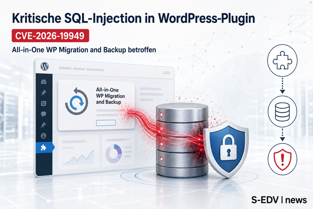 Redaktionelle Grafik zur kritischen SQL-Injection-Sicherheitslücke CVE-2026-19949 im WordPress-Plugin All-in-One WP Migration and Backup mit Dashboard-Mockup, Datenbank-Symbol und Angriffspfad