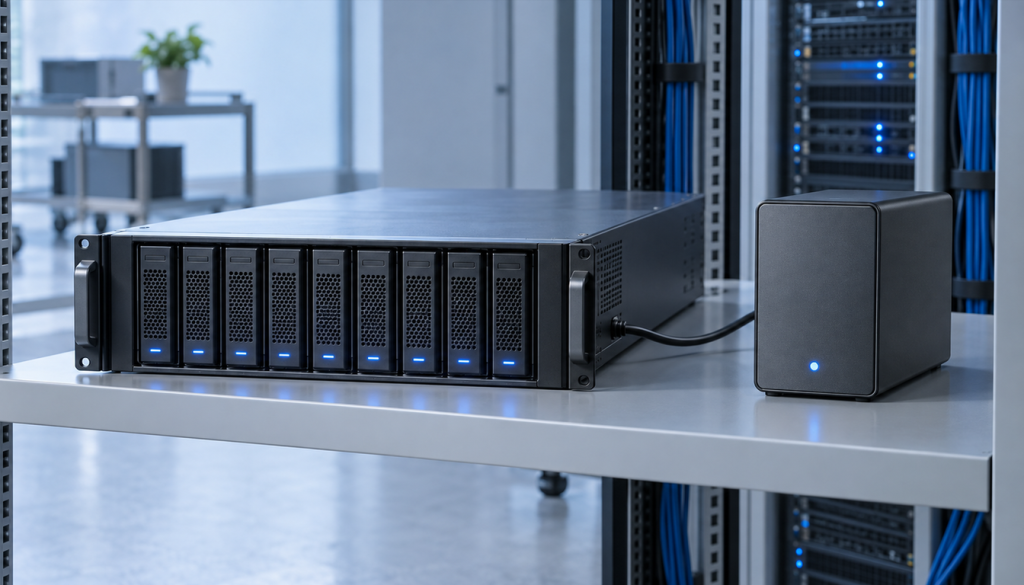 Rack-Server mit Festplatteneinschüben, per Kabel mit einer externen Sicherungsfestplatte verbunden, im Serverraum