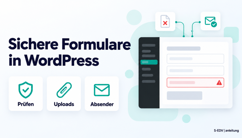 Grafik mit der Überschrift Sichere Formulare in WordPress, drei Karten Prüfen, Uploads und Absender und einem stilisierten WordPress-Adminbereich mit Kontaktformular
