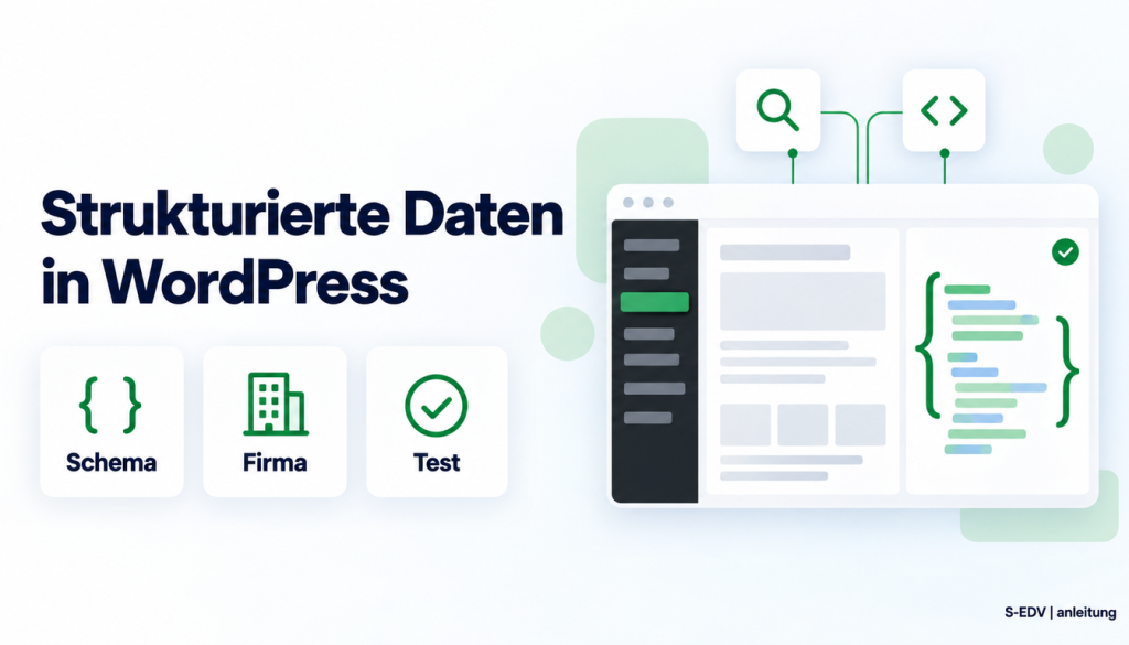 Grafik mit der Überschrift Strukturierte Daten in WordPress und einem stilisierten WordPress-Adminbereich mit Codeblock und Prüfhaken
