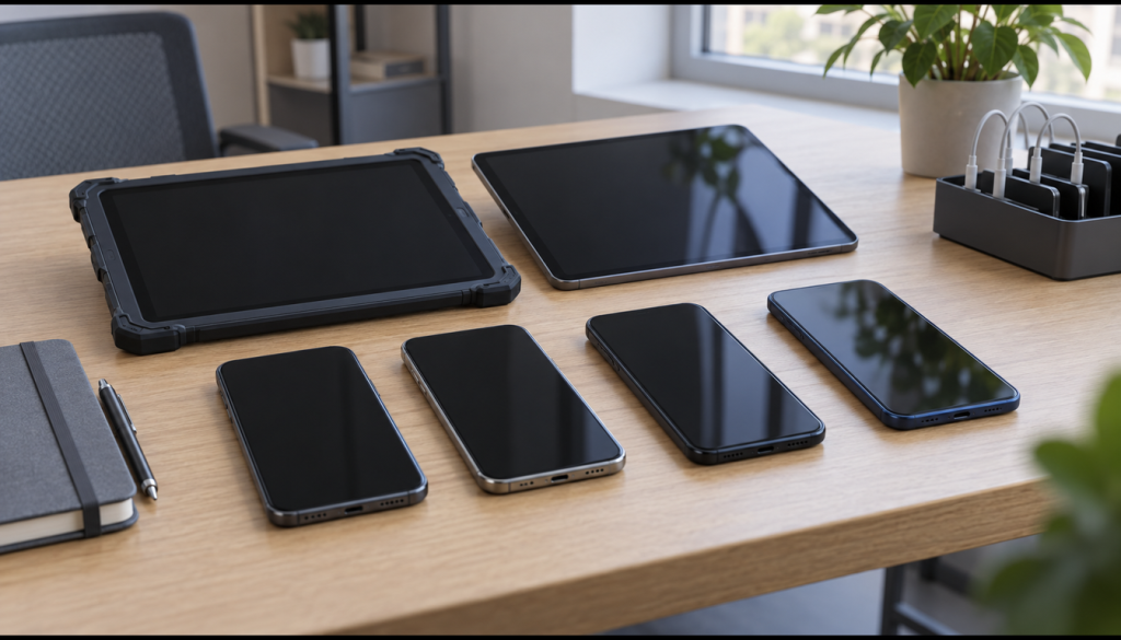 Mehrere Smartphones und Tablets mit ausgeschalteten Bildschirmen und eine Ladestation auf einem Bürotisch