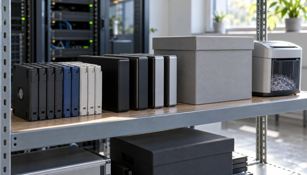 Regal mit Sicherungskassetten, externen Festplatten, Archivbox und Aktenvernichter in einem hellen Serverraum