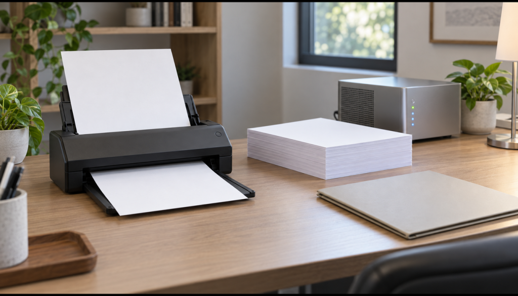 Aufgeräumter Büroschreibtisch mit Dokumentenscanner, Papierstapel und kleinem Server für die papierlose Ablage