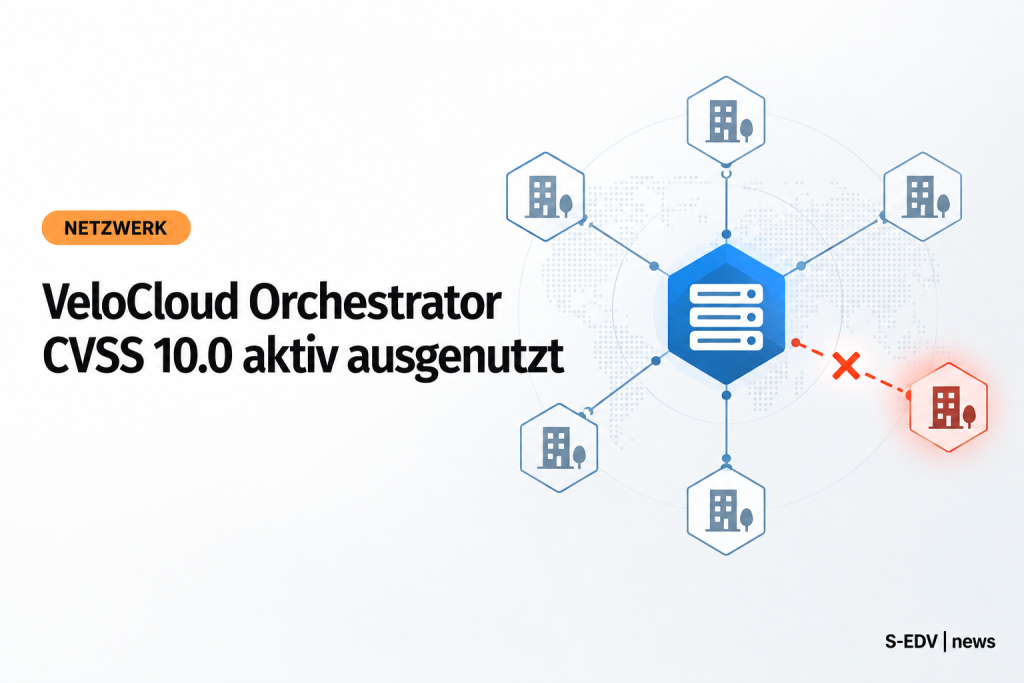 Editorial-Illustration zur kritischen Schwachstelle CVE-2026-93952 im VeloCloud Orchestrator: ein zentraler Orchestrator-Knoten mit Schildsymbol, verbunden mit mehreren Standortknoten, eine Verbindung ist rot als kompromittiert markiert.
