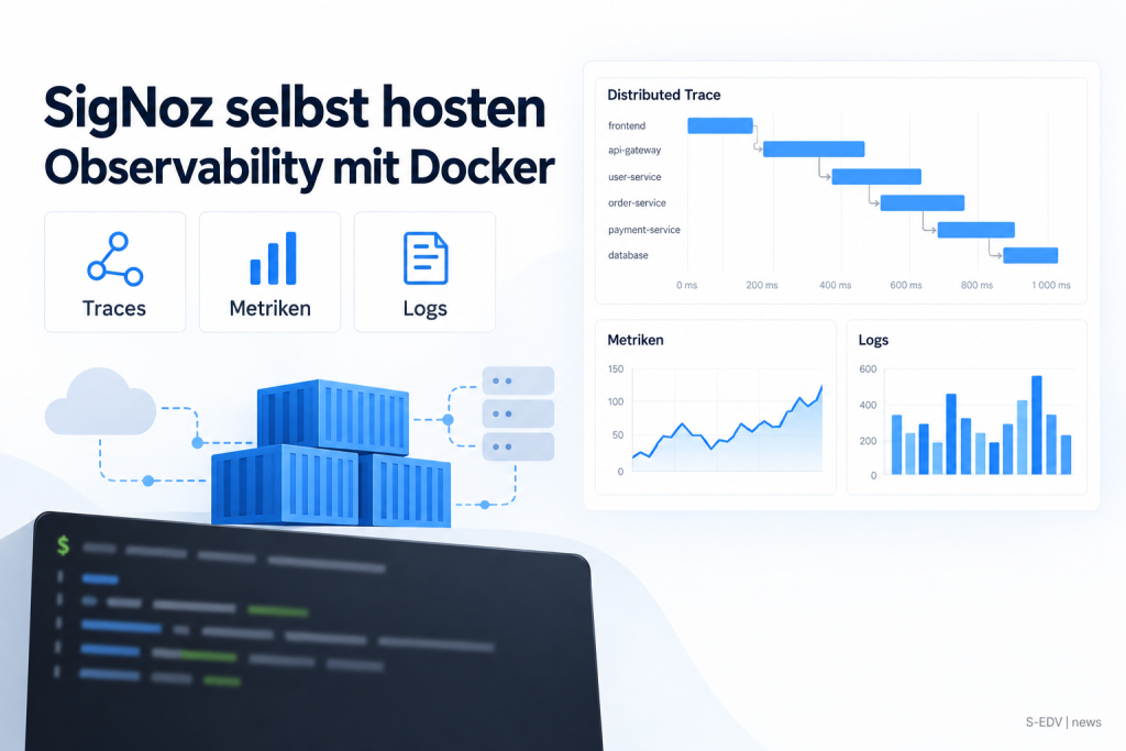 Illustration zur Anleitung: SigNoz selbst hosten, Observability mit Docker, mit Trace-Wasserfalldiagramm und Kennzahlen für Traces, Metriken und Logs