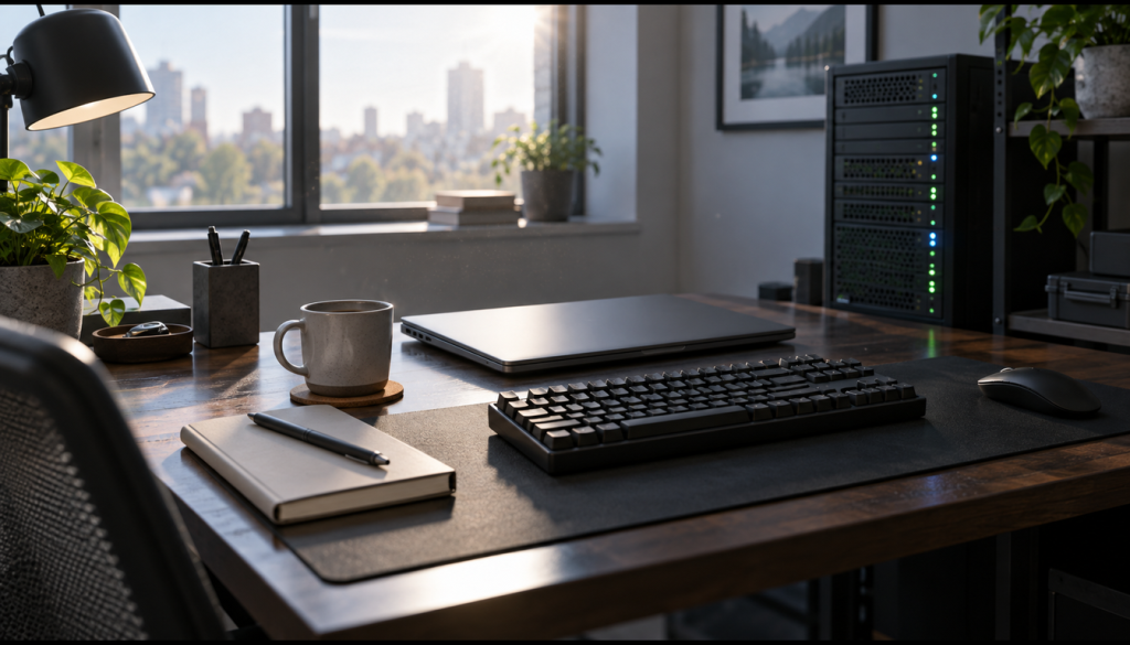 Schreibtisch eines Administrators mit zugeklapptem Laptop, Tastatur, Notizbuch und kleinem Tower-Server im Morgenlicht