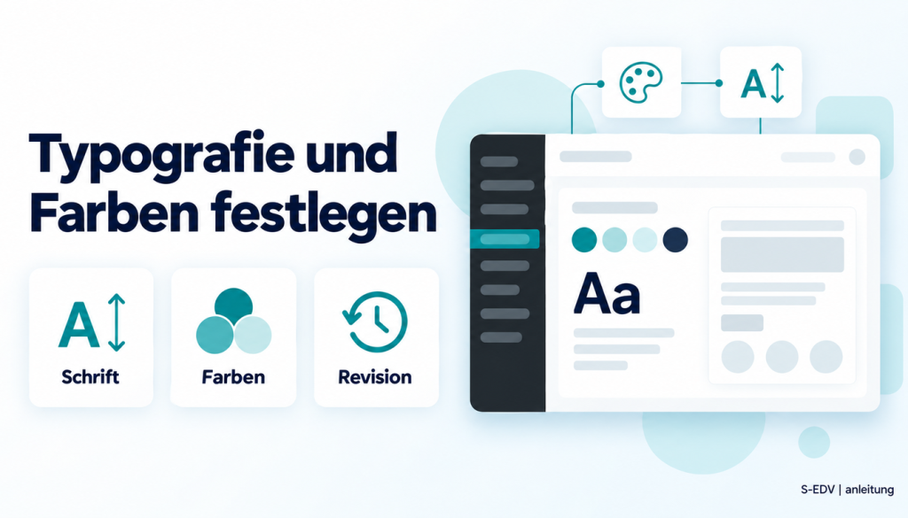 Grafik mit der Überschrift Typografie und Farben festlegen und einem stilisierten WordPress-Adminbereich mit Farbpalette und Schriftmuster
