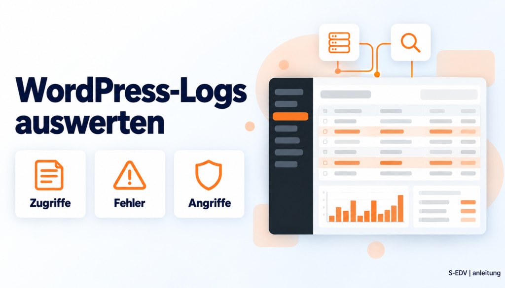 Grafik mit der Überschrift WordPress-Logs auswerten und einem stilisierten WordPress-Adminbereich mit Protokollzeilen
