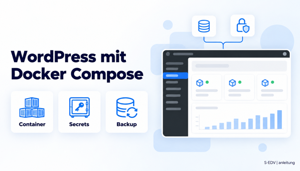 Grafik mit der Überschrift WordPress mit Docker Compose, drei Karten Container, Secrets und Backup und einem stilisierten WordPress-Adminbereich mit Container-Symbolen