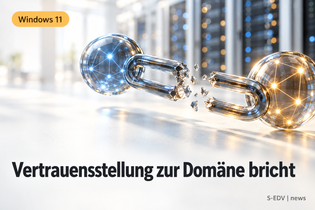 Abstrakte Darstellung einer unterbrochenen Vertrauensverbindung zwischen zwei Netzwerkknoten mit der Schlagzeile Vertrauensstellung zur Domäne bricht