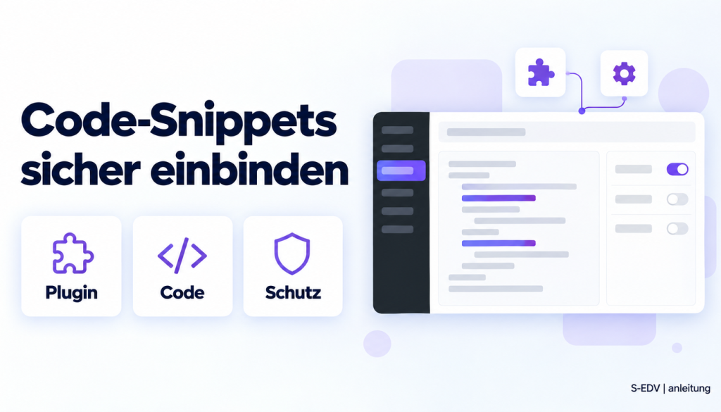 Grafik mit der Überschrift Code-Snippets sicher einbinden und einem stilisierten WordPress-Adminbereich mit Code-Editor