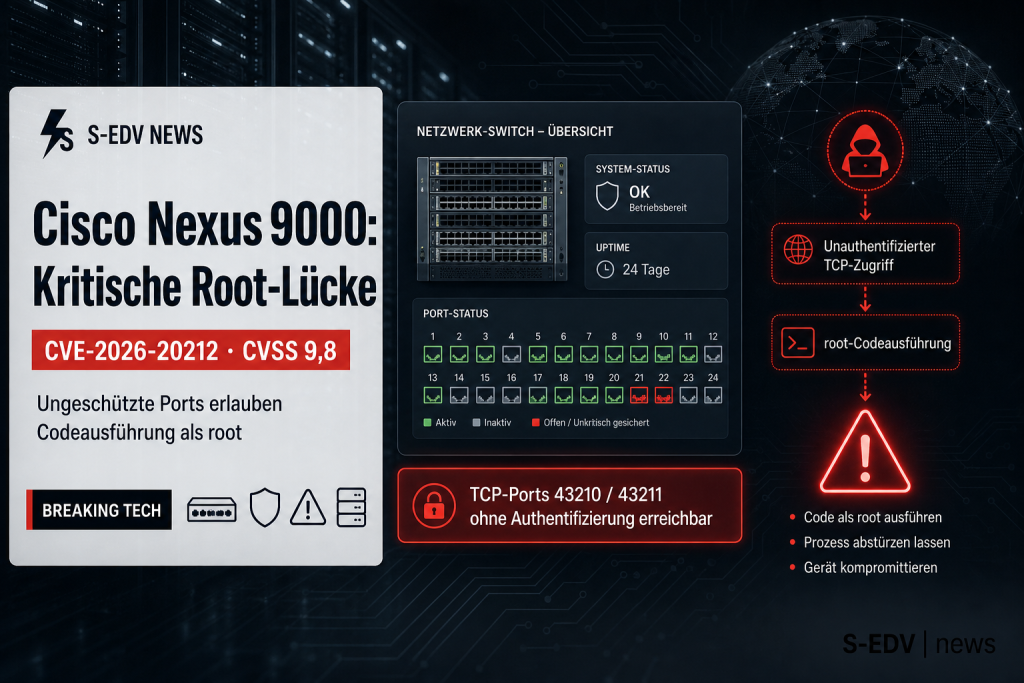 Illustration zur kritischen Root-Sicherheitsluecke CVE-2026-20212 in Cisco Nexus 9000 Switches mit Silicon-One-ASIC, Angriffspfad ueber TCP-Ports 43210 und 43211