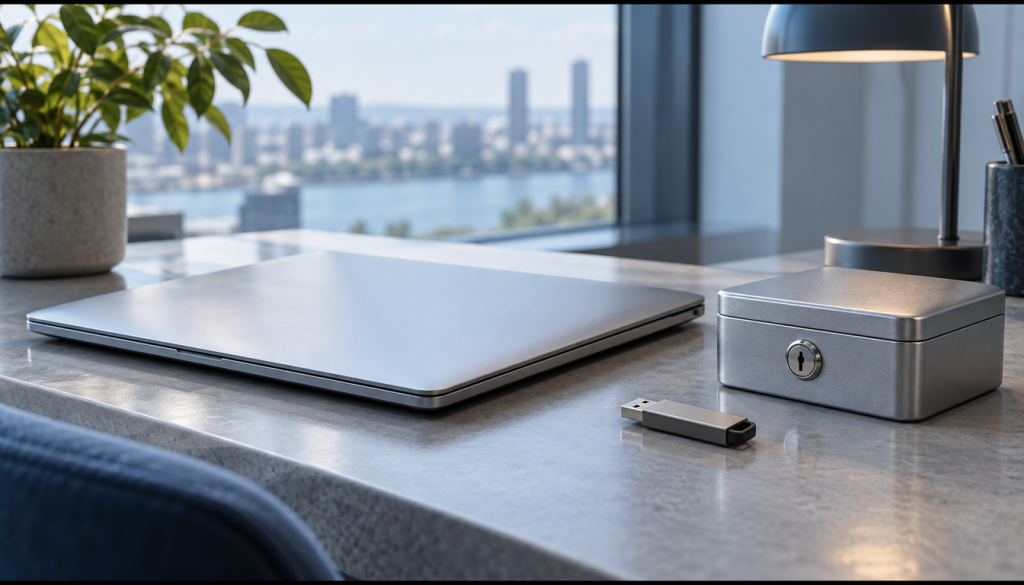 Zugeklappter Laptop auf einem Bürotisch neben einem USB-Stick und einer kleinen abschließbaren Metallkassette