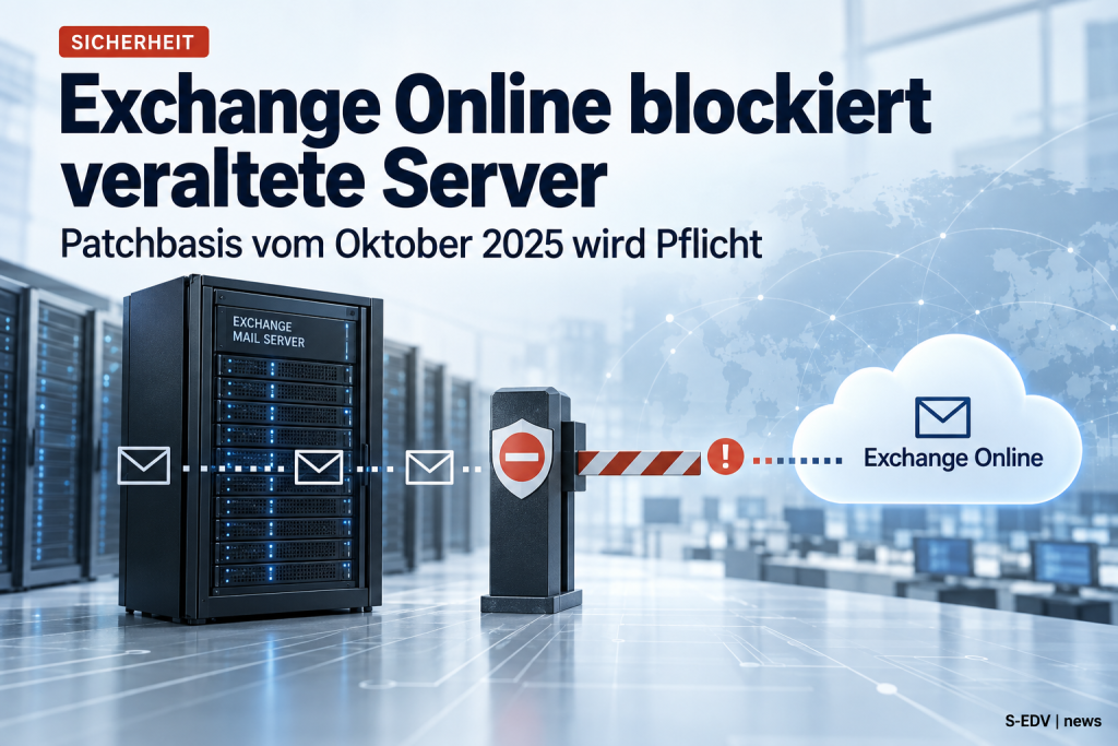Illustration zeigt einen On-Premises Exchange Mail Server, dessen E-Mail-Fluss über eine rote Sperre gedrosselt wird, bevor er Exchange Online in der Cloud erreicht, als Symbol für die neue Transport-Durchsetzung ab September 2026.
