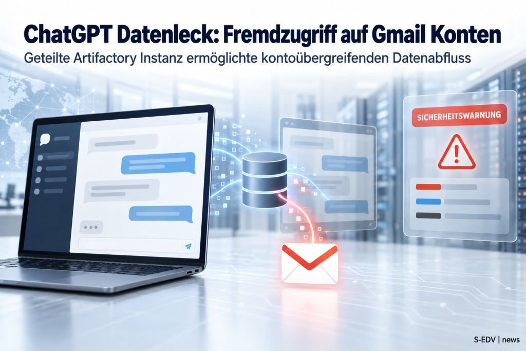 Illustration zum ChatGPT Datenleck: Chat-Oberfläche verbunden mit Gmail-Symbol über eine geteilte Artifactory-Datenbank, daneben Sicherheitswarnung-Panel