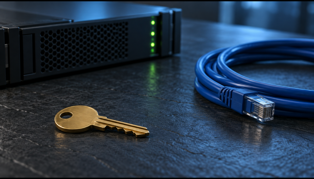 Messingschlüssel neben blauem Netzwerkkabel und kleinem Servermodul als Sinnbild für den Server-Zugang per SSH-Key