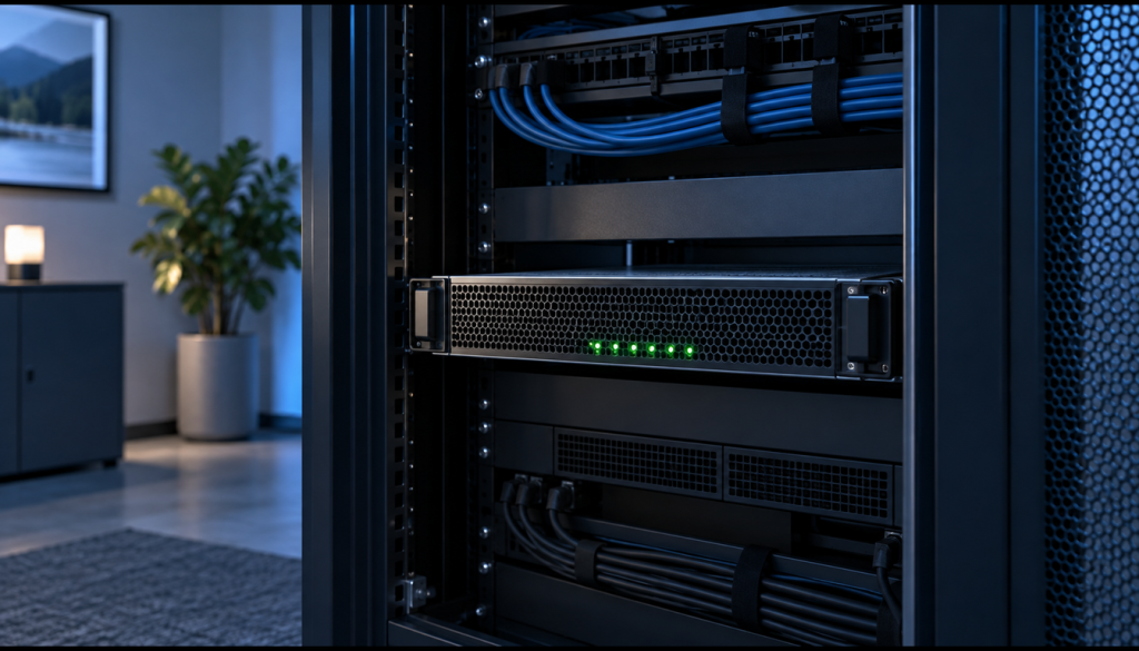 Server-Rack in einem ruhigen Büro, grüne Status-LEDs signalisieren den laufenden Betrieb