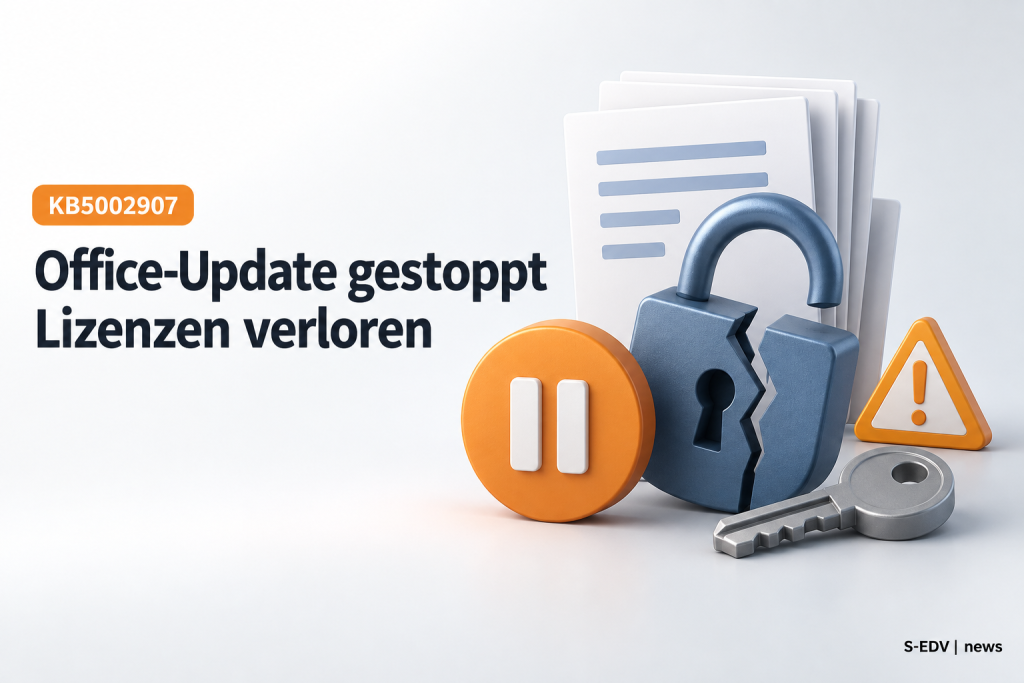Abstrakte Illustration mit Dokumentenstapel, gebrochenem Schloss und Pause-Symbol zum gestoppten Office-Update KB5002907
