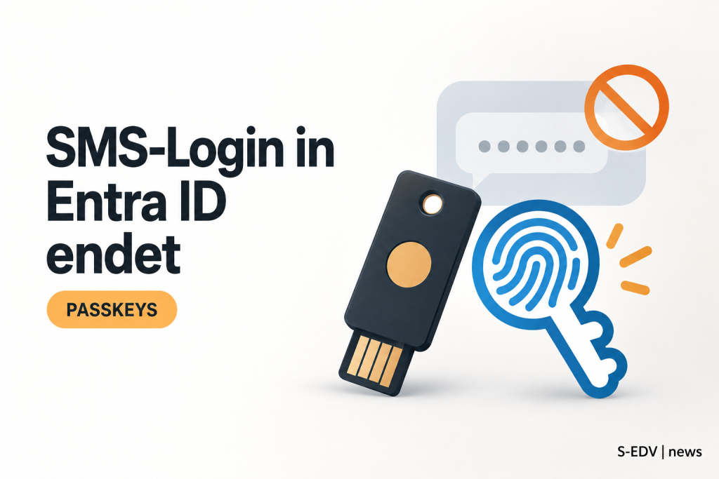 Editorial-Illustration mit der Schlagzeile SMS-Login in Entra ID endet, daneben Symbole für Passkey und Sicherheitsschlüssel sowie eine durchgestrichene SMS-Sprechblase.