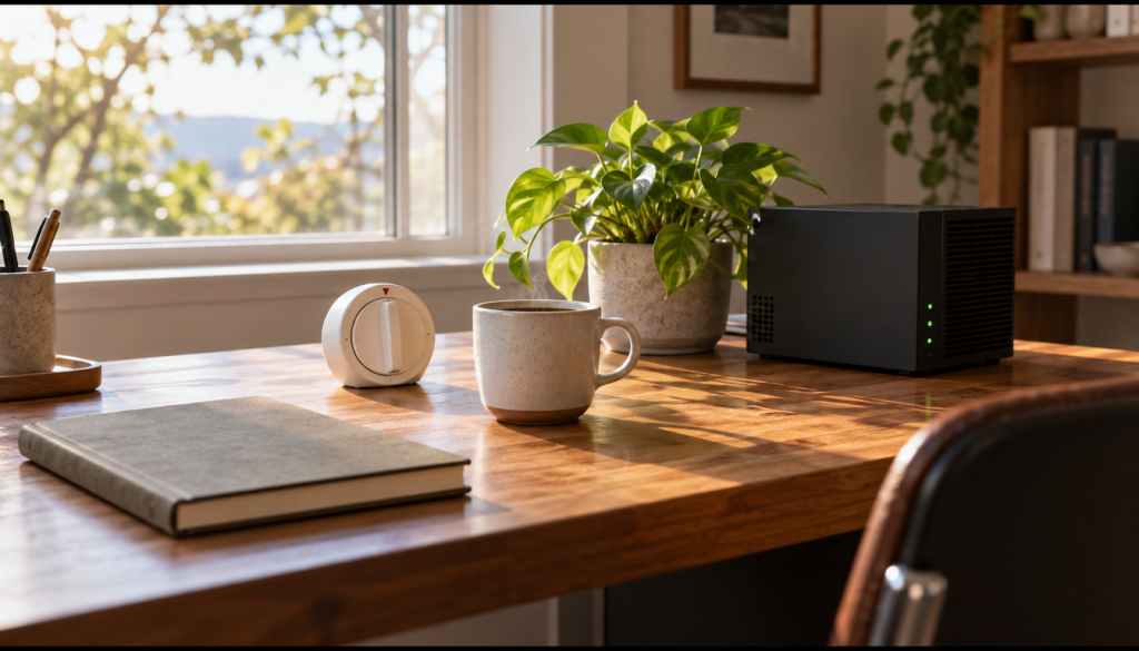 Aufgeräumter Schreibtisch mit Notizbuch, Küchentimer, Kaffeetasse und kleinem schwarzen Heimserver mit grünen Status-LEDs