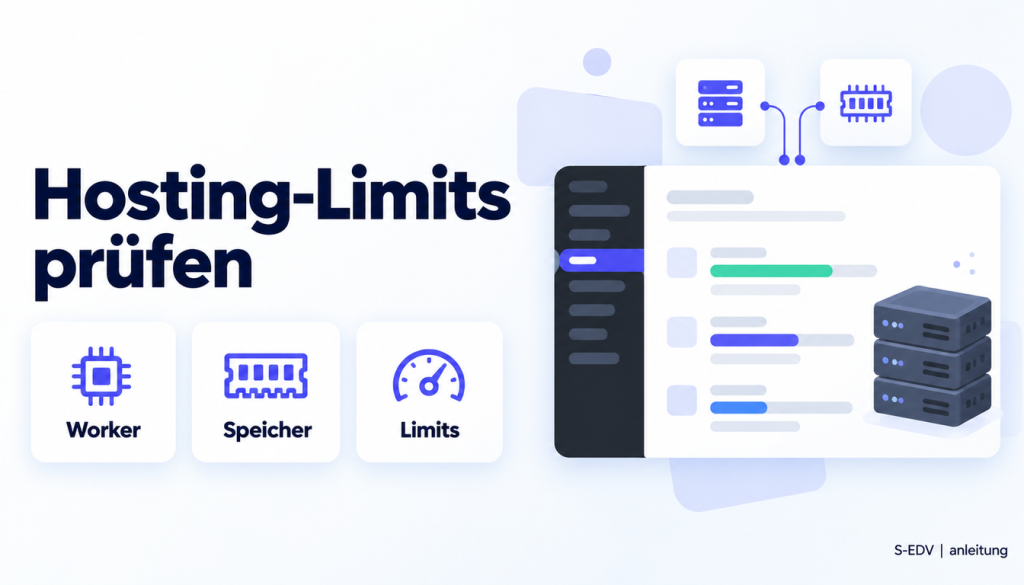 Grafik mit der Überschrift Hosting-Limits prüfen und einem stilisierten WordPress-Adminbereich mit Auslastungsanzeigen