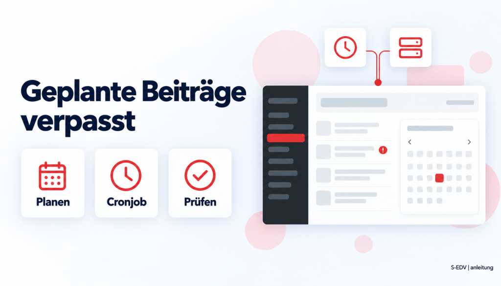 Grafik mit der Überschrift Geplante Beiträge verpasst und einem stilisierten WordPress-Adminbereich mit Kalender und Uhr