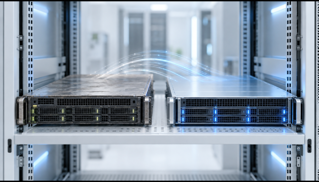 Zwei Rack-Server nebeneinander, ein älterer links und ein neuer mit blauen Statuslichtern rechts, Lichtbögen zwischen beiden symbolisieren die Migration des Domain Controllers