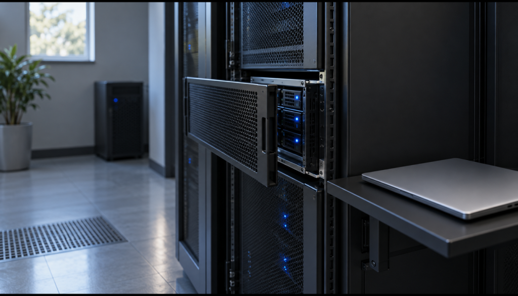 Serverschrank mit geöffneter Front und blau leuchtenden Laufwerksschächten, daneben ein zugeklappter Laptop in einem hellen Serverraum