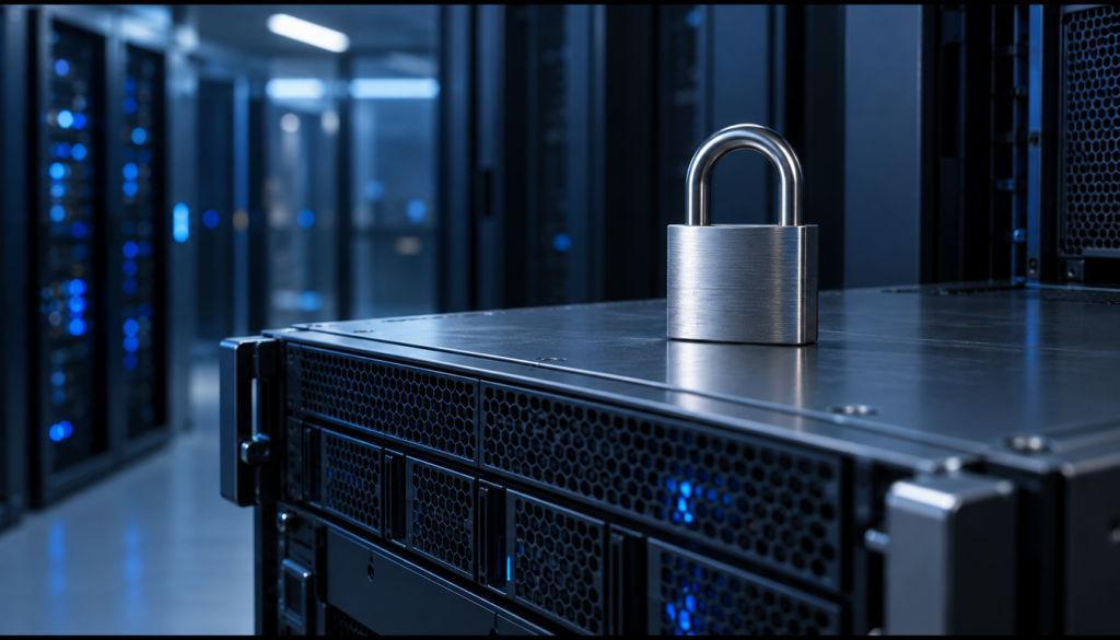 Vorhängeschloss auf einem Rack-Server im Rechenzentrum als Sinnbild für einen abgesicherten Datenbankserver